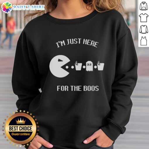 Cozy 'Top I'm Just Here for the Boos' sweatshirt in festive design, perfect for Halloween gatherings and casual wear.