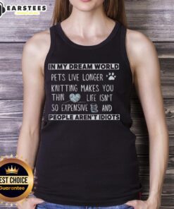 Colorful 'Top In My Dream World' knitting tank top featuring cute pets, perfect for animal lovers and cozy fashion enthusiasts.