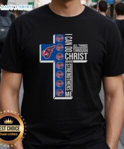 Alt Text: Top Indiana Fever Cross I Can Do All Things Through Christ Who Strengthens Me T-Shirt design featuring vibrant colors.