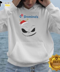 Alt Text: Top Jack Skellington x Dominos Merry Christmas hoodie featuring festive designs and vibrant colors for Halloween fans.