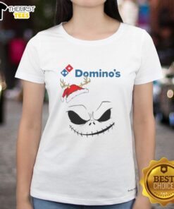Top Jack Skellington X Dominos Merry Christmas Ladies Tee featuring a festive design for holiday fans.
