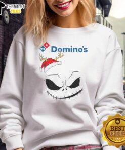 Top Jack Skellington X Dominos Merry Christmas Sweatshirt featuring festive design and vibrant colors for holiday cheer.