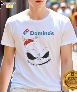 Top Jack Skellington X Domino's Merry Christmas T-Shirt featuring festive design and iconic character for holiday cheer.