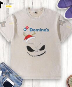 Top Jack Skellington X Dominos Merry Christmas washed t-shirt featuring a festive design perfect for holiday celebrations.