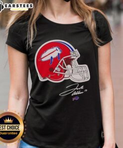 Alt Text: Top Josh Allen Buffalo Bills helmet signature ladies tee showcasing team pride and style for female fans.