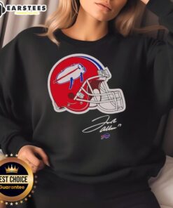 Alt Text: Top Josh Allen Buffalo Bills helmet signature sweatshirt showcasing team pride and player dedication for fans.