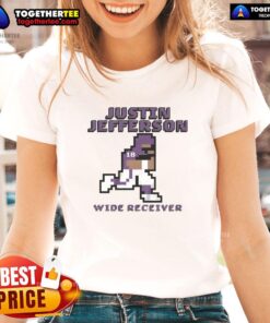 Alt Text: Top Justin Jefferson Minnesota Vikings wide receiver pixel ladies tee featuring vibrant graphics and team colors.