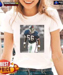 Top Lawrence Taylor New York Giants football ladies tee featuring team colors and iconic player graphic.
