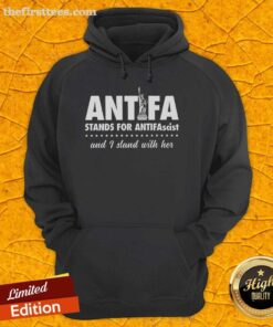 Antifa hoodie featuring 'I Stand With Her' and the Statue of Liberty, symbolizing support for antifascist movements.