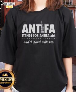 Top Liberty of Statue Antifa tee, showcasing 'I Stand With Her' message for Antifascist support.