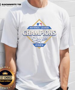 Alt Text: Top Los Angeles Dodgers 2025 National League Champions diamond logo t-shirt design featuring vibrant team colors.