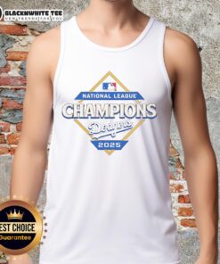 Alt Text: Stylish tank top featuring the Los Angeles Dodgers 2025 National League Champions diamond logo design.