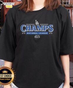 Top Los Angeles Dodgers 2025 NLCS National League Champions ladies tee featuring team logo and vibrant colors.