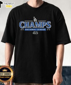 Alt Text: Top Los Angeles Dodgers 2025 NLCS National League Champions T-Shirt featuring team colors and logo design.