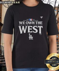 Top Los Angeles Dodgers Royal 2024 NL West Division Champions Ladies Tee showcasing vibrant team colors and logo.