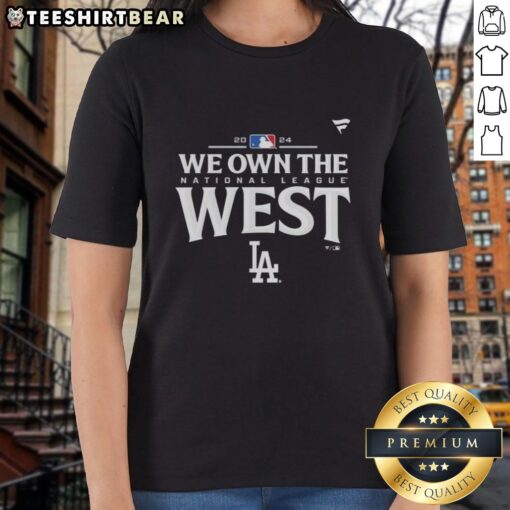Top Los Angeles Dodgers Royal 2024 NL West Division Champions Ladies Tee showcasing vibrant team colors and logo.