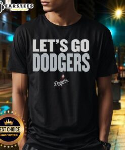 Alt Text: Top Los Angeles Dodgers slogan 'Let's Go Dodgers' T-shirt in blue, perfect for fans supporting the team.