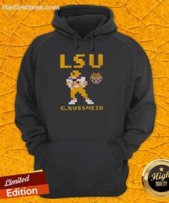 Garrett Nussmeier wearing a retro LSU Tigers football hoodie, showcasing team spirit and stylish fan gear.