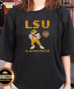 Garrett Nussmeier wearing a retro LSU Tigers football ladies tee, showcasing team spirit and style for female fans.