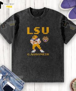 Alt Text: Garrett Nussmeier wearing a retro LSU Tigers football washed t-shirt, showcasing team pride and vintage style.
