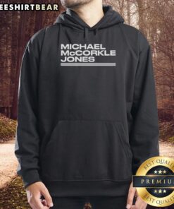 Alt Text: Stylish Mac Jones hoodie featuring San Francisco 49ers and Michael McCorkle Jones graphics, perfect for fans.