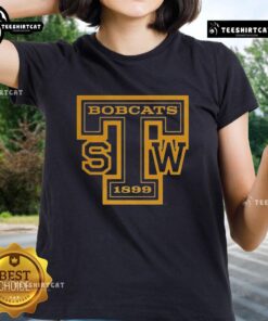 Alt Text: Top maroon Southwest Texas Bobcats Cuar Texas State 1899 ladies tee, perfect for fans of Texas State University.