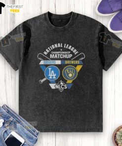 2025 MLB NLCS matchup featuring Los Angeles Dodgers vs Milwaukee Brewers on a stylish washed t-shirt.