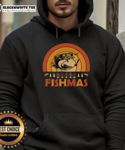 Alt Text: Retro Merry Fishmas hoodie featuring a sunset design, perfect for Christmas fishing enthusiasts.