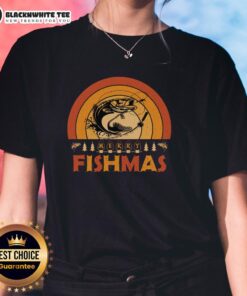 Top Merry Fishmas Merry Christmas Fishing Retro Sunset Ladies Tee featuring festive fishing graphics and vibrant colors.