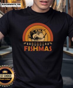 Alt Text: Top Merry Fishmas Christmas fishing t-shirt with a retro sunset design, perfect for anglers celebrating the holiday.