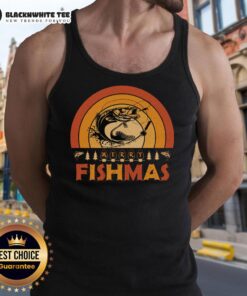 Retro sunset tank top featuring 'Merry Fishmas' design for a festive Christmas fishing vibe.
