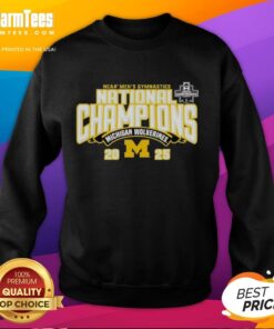 Alt Text: Top Michigan Wolverines 2025 NCAA Men's Gymnastics National Champions sweatshirt in navy blue with bold logo.
