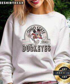 Alt Text: Top Mickey Mouse Disney x Ohio State Buckeyes football logo sweatshirt featuring vibrant colors and stylish design.