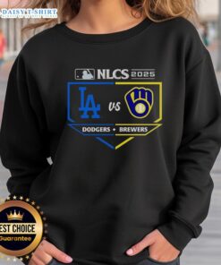 2025 NLCS matchup sweatshirt featuring Milwaukee Brewers vs Los Angeles Dodgers logo and vibrant team colors.