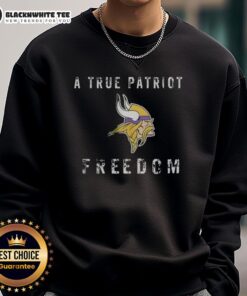 Top Minnesota Vikings Football sweatshirt featuring 'A True Patriot' design, perfect for fans showing team spirit.