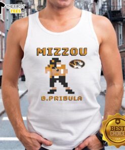 Beau Pribula wearing a retro Missouri Tigers football pixel tank top, showcasing team spirit and style.