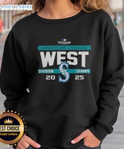 Seattle Mariners 2025 AL West Division Champions sweatshirt showcasing team colors and logo, perfect for MLB postseason fans.
