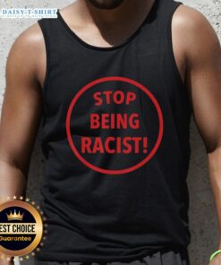 Nalyssa Smith wearing a 'Stop Being Racist' tank top, promoting anti-racism and social justice awareness.