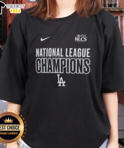 Los Angeles Dodgers logo on a ladies tee celebrating the 2025 NLCS National League Champions.