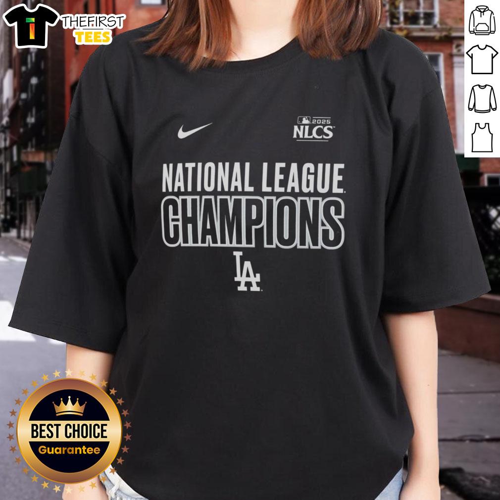 top-national-league-champions-2025-nlcs-los-angeles-dodgers-logo-ladies-tee Los Angeles Dodgers logo on a ladies tee celebrating the 2025 NLCS National League Champions.