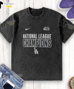 Alt Text: Los Angeles Dodgers logo on a washed t-shirt celebrating the 2025 NLCS champions in the National League.