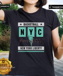 Alt Text: Top New York Liberty Basketball Skyline Ladies Tee featuring vibrant team colors and iconic NYC skyline design.