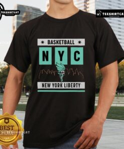Top New York Liberty Basketball Skyline T-Shirt featuring vibrant city skyline design and team logo for fans.
