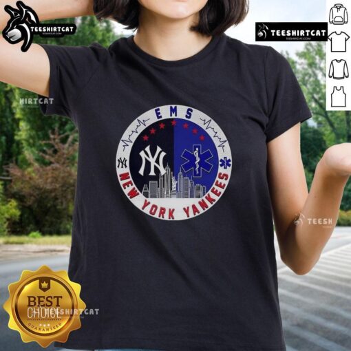 New York Yankees MLB X EMS Star of Life Skyline logo on a stylish ladies tee, perfect for sports and medical enthusiasts.