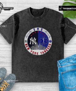 Top New York Yankees MLB X EMS Star of Life Skyline logo on a washed t-shirt, perfect for fans and collectors.