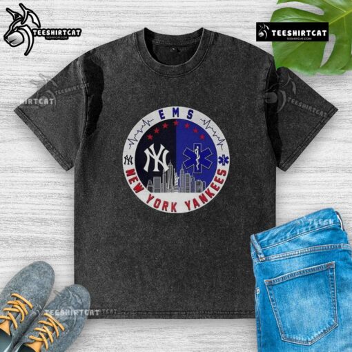 Top New York Yankees MLB X EMS Star of Life Skyline logo on a washed t-shirt, perfect for fans and collectors.