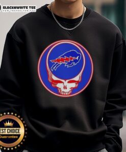 Alt Text: Stylish Buffalo Bills Grateful Dead Stealie sweatshirt featuring vibrant graphics, perfect for NFL fans and music lovers.
