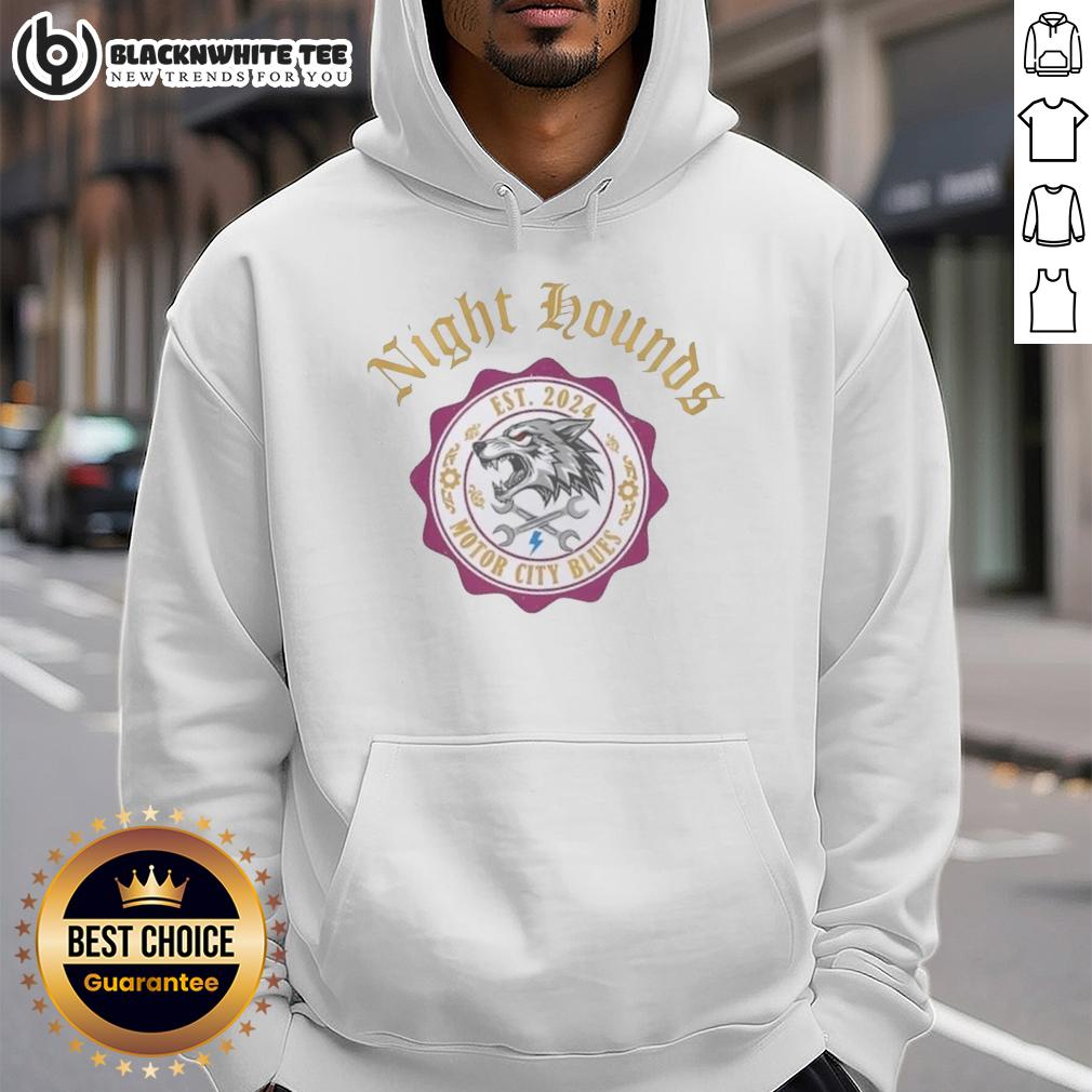 Top Night Hounds Motor City Blues Wolf Emblem 2024 Hoodie 2024 Top Night Hounds Motor City Blues hoodie featuring a striking wolf emblem, perfect for fans and streetwear lovers.