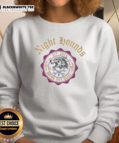 Alt Text: Stylish 'Top Night Hounds Motor City Blues' wolf emblem sweatshirt for 2024, perfect for casual wear and fans.