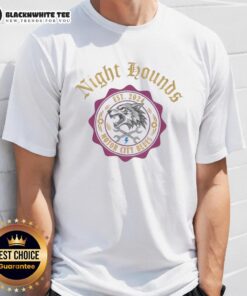 Alt Text: Top Night Hounds Motor City Blues Wolf Emblem 2024 T-Shirt featuring a stylish wolf graphic and vibrant colors.